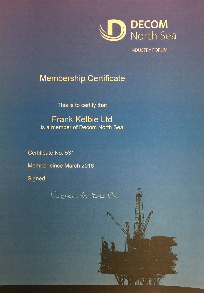 DECOM North Sea certification for Frank Kelbie scrap metal recycling
