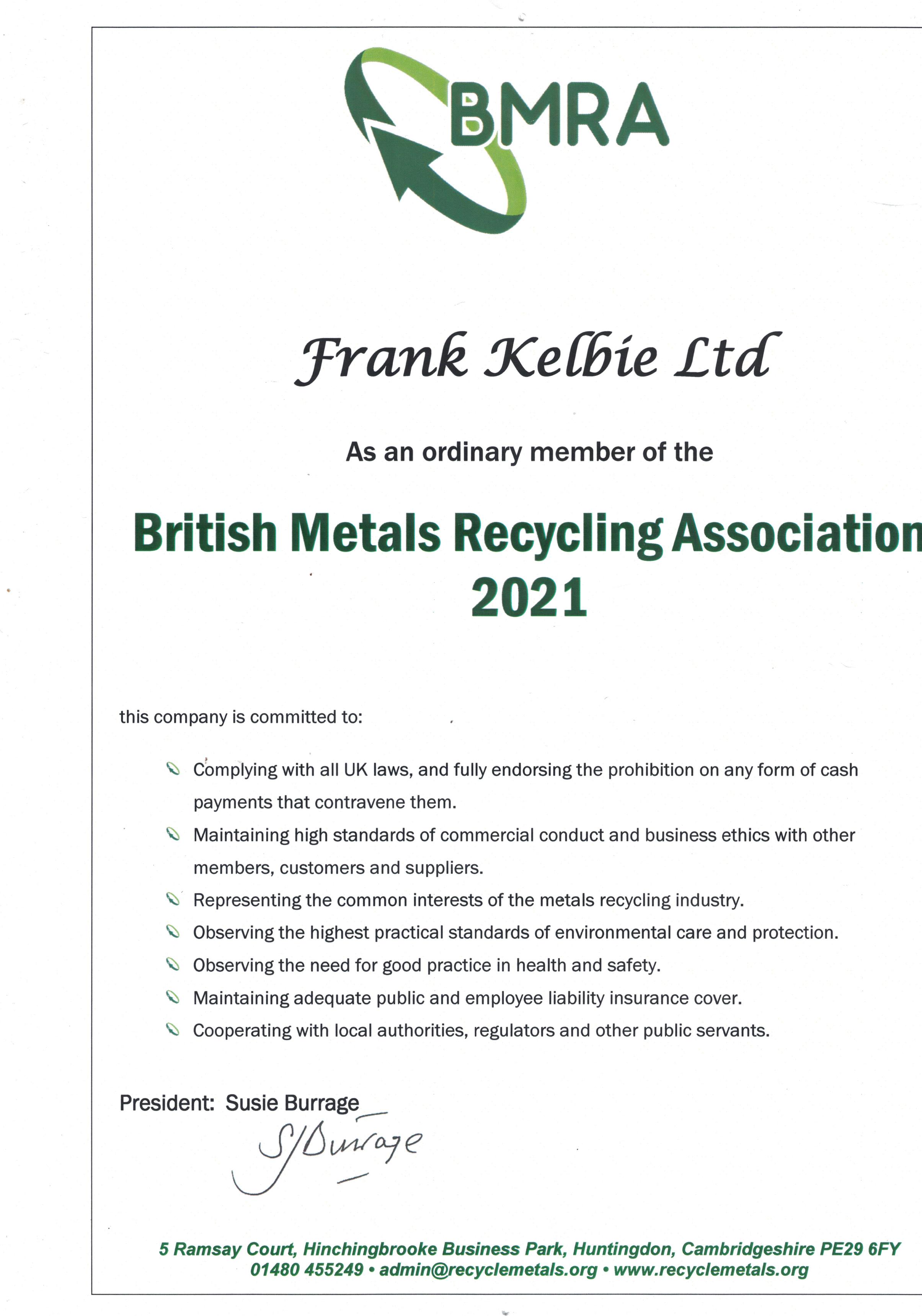 British Metal Recycling Association membership for Frank Kelbie scrap metal