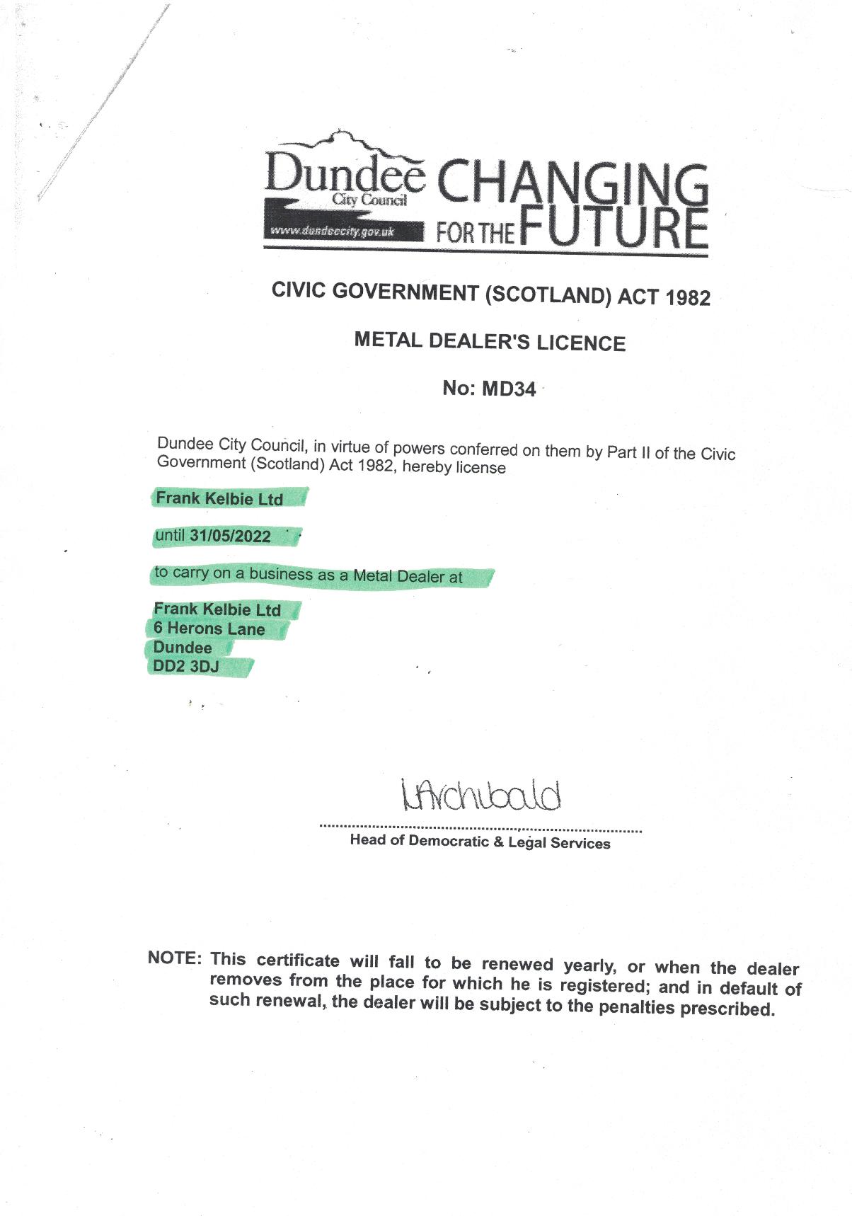 Frank Kelbie - metal dealers license